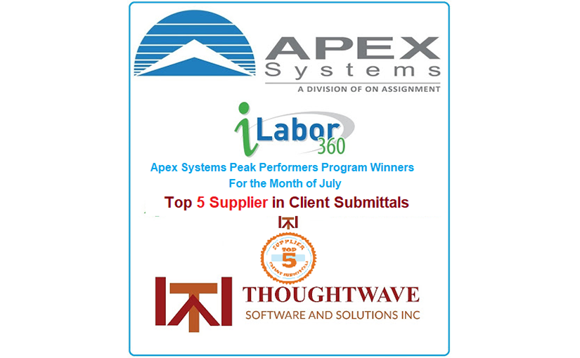 Apex Systems recognized Thoughtwave as the Top 5 Supplier